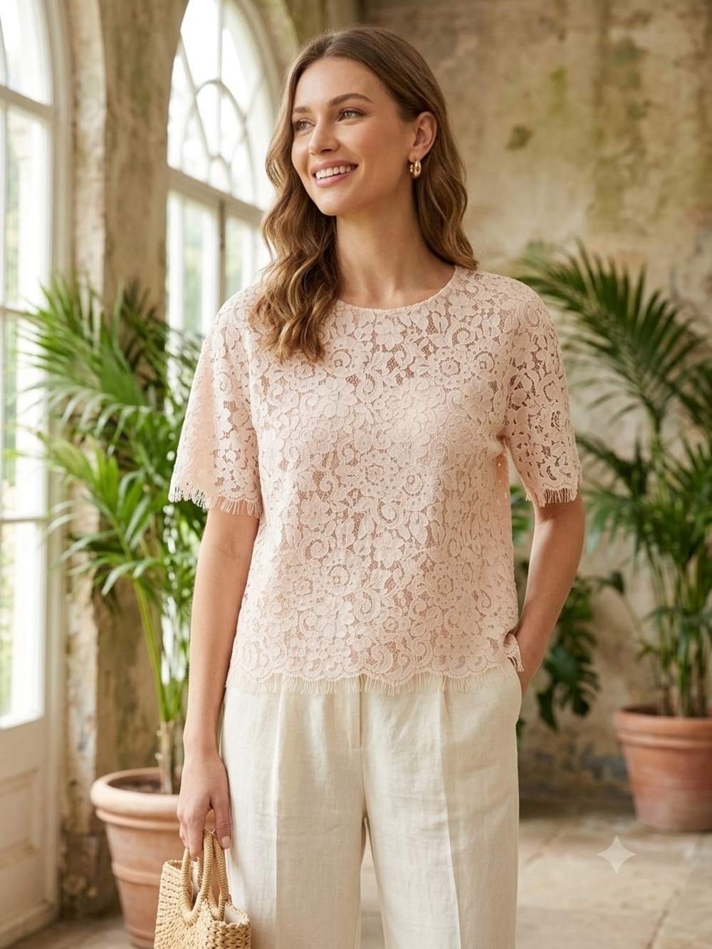 MELLODAY Lace Short-Sleeve Top in Soft Pink